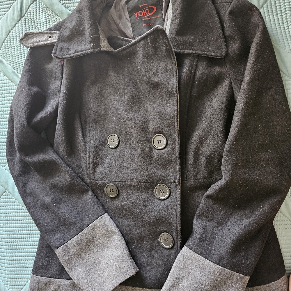 Yoki Women's Blackand Light Gray Peacoat Medium